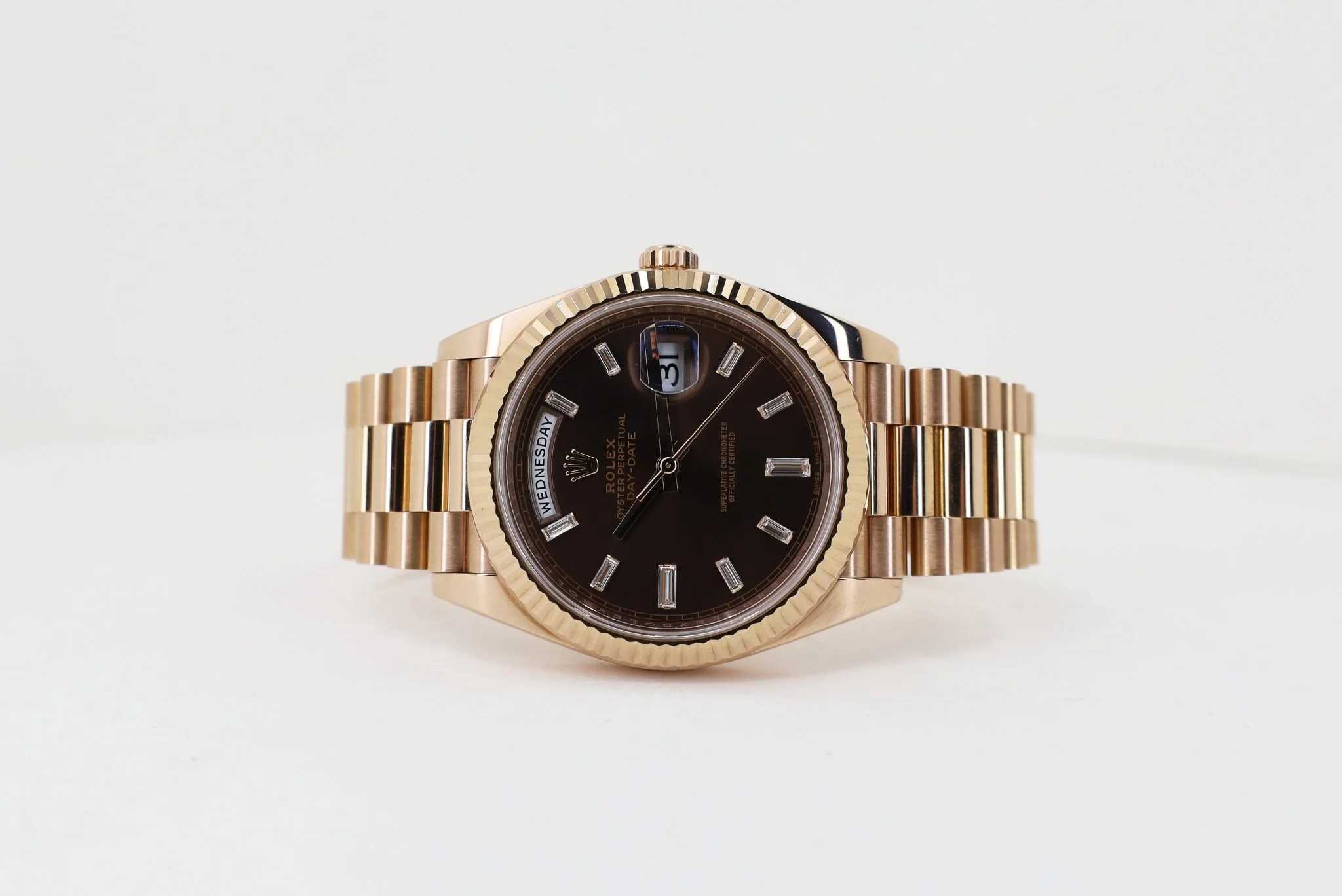 Rolex Day-Date 40 Everose Gold Chocolate Baguette Dial