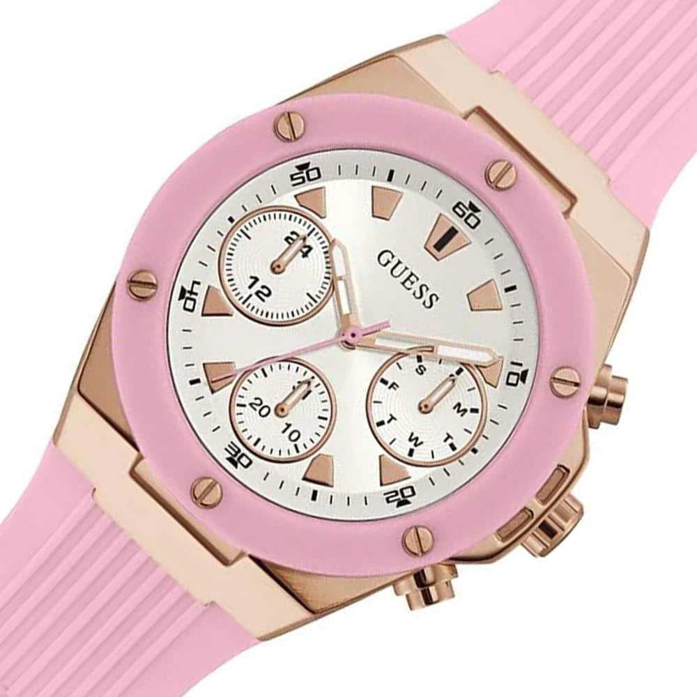 Guess Athena Damenuhr mit weißem Zifferblatt und rosa