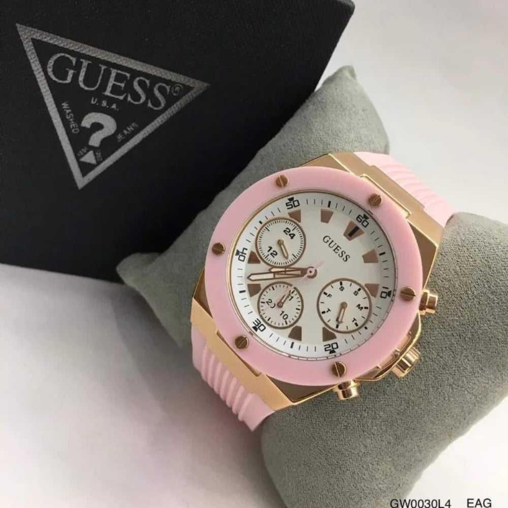 Guess Athena Damenuhr mit weißem Zifferblatt und rosa