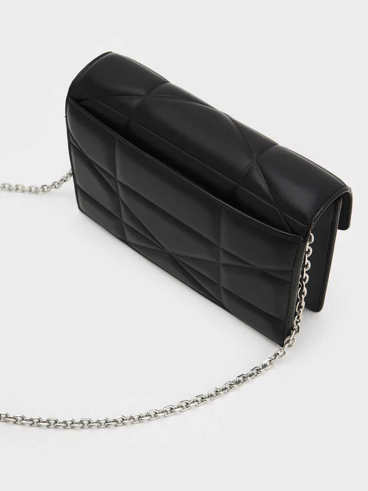 Blanche Chevron Chain-Strap Clutch - Noir