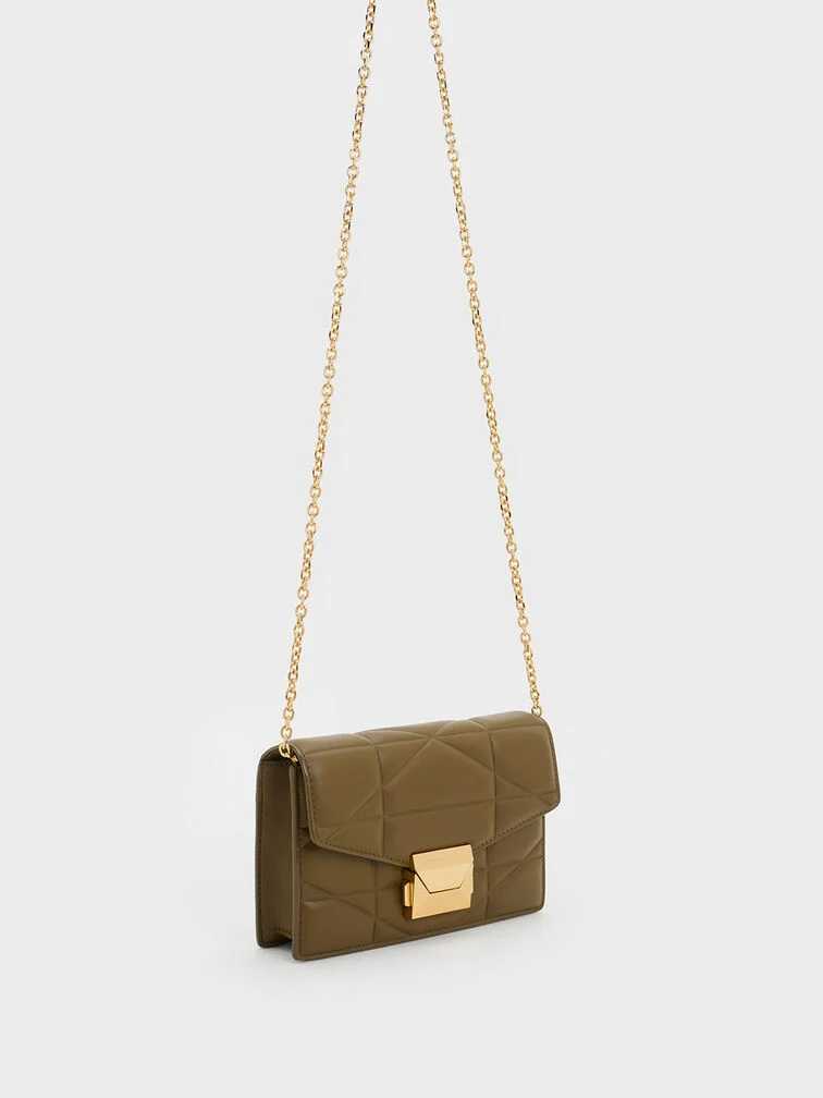 Blanche Chevron Chain-Strap Clutch - Khaki