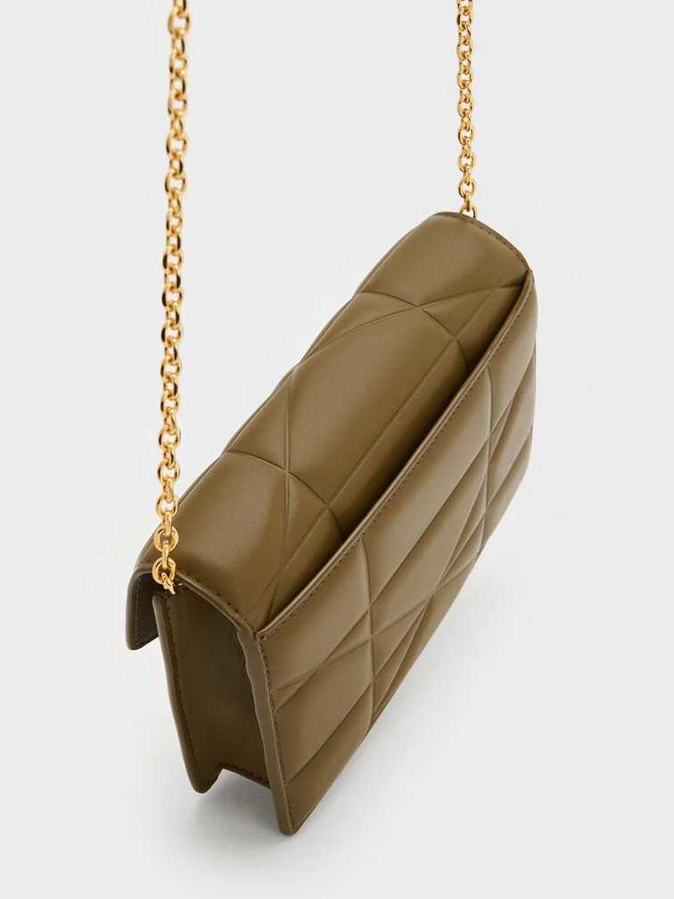 Blanche Chevron Chain-Strap Clutch - Khaki