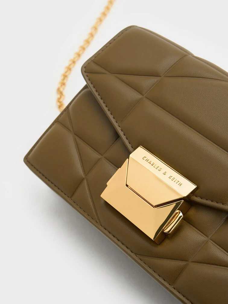 Blanche Chevron Chain-Strap Clutch - Khaki