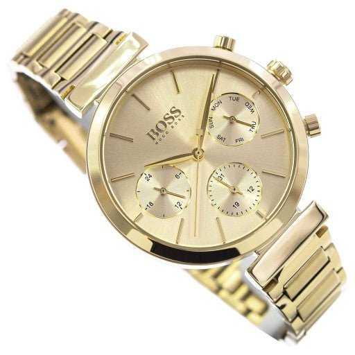 Hûgô Bôss Flawless Gold Dial Gold Steel Strap Watch pour femme -