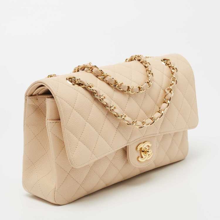 Ch@nel Beige Quilted Caviar Medium Classic Double Flap Bag
