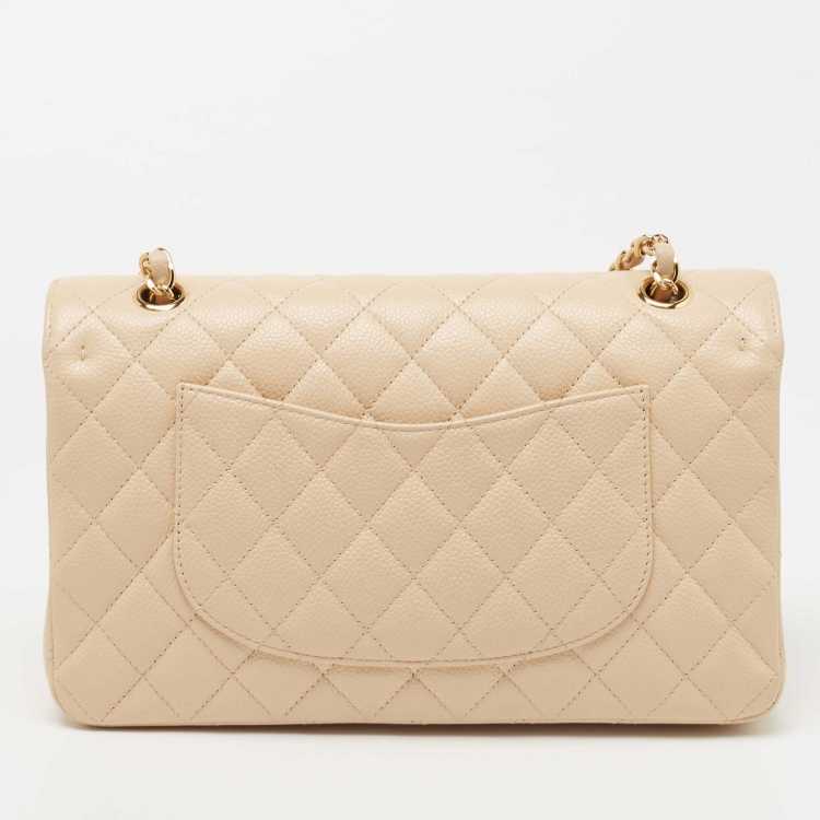 Ch@nel Beige Quilted Caviar Medium Classic Double Flap Bag