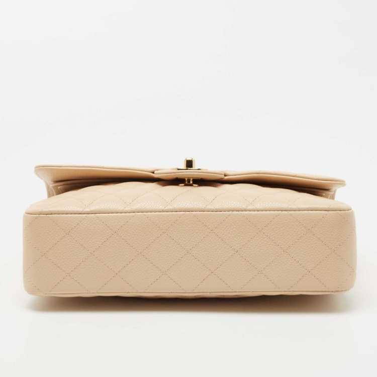 Ch@nel Beige Quilted Caviar Medium Classic Double Flap Bag
