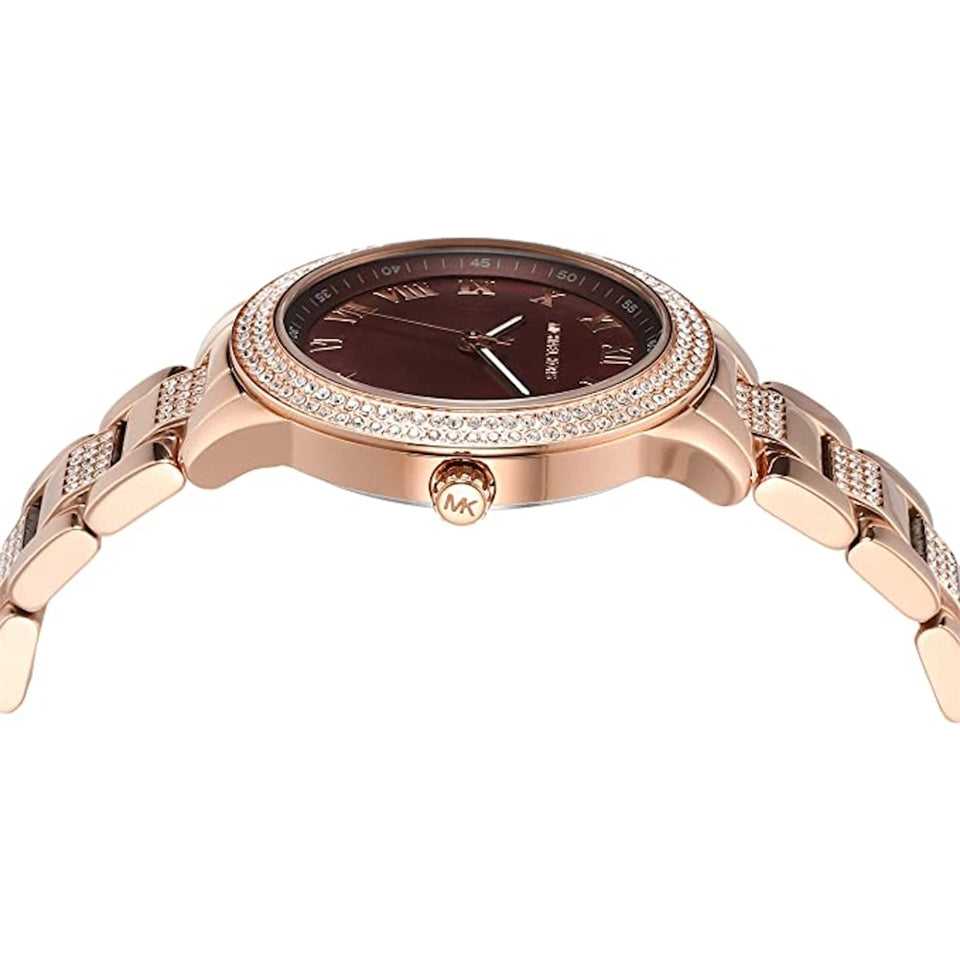 MK Tibby Multifunction Crystals Maroon Dial Rose Gold Steel Strap Watch for Women - MK4685