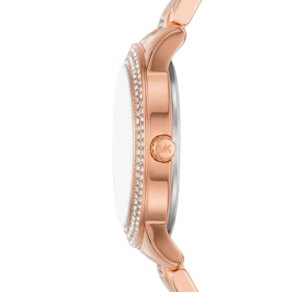 MK Tibby Multifunction Crystals Maroon Dial Rose Gold Steel Strap Watch for Women - MK4685