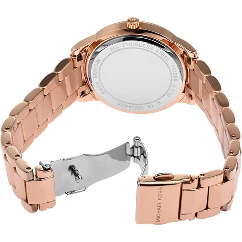 MK Tibby Multifunction Crystals Maroon Dial Rose Gold Steel Strap Watch for Women - MK4685