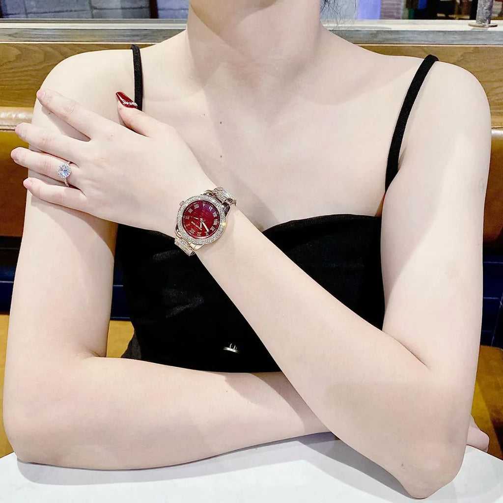 MK Tibby Multifunction Crystals Maroon Dial Rose Gold Steel Strap Watch for Women - MK4685