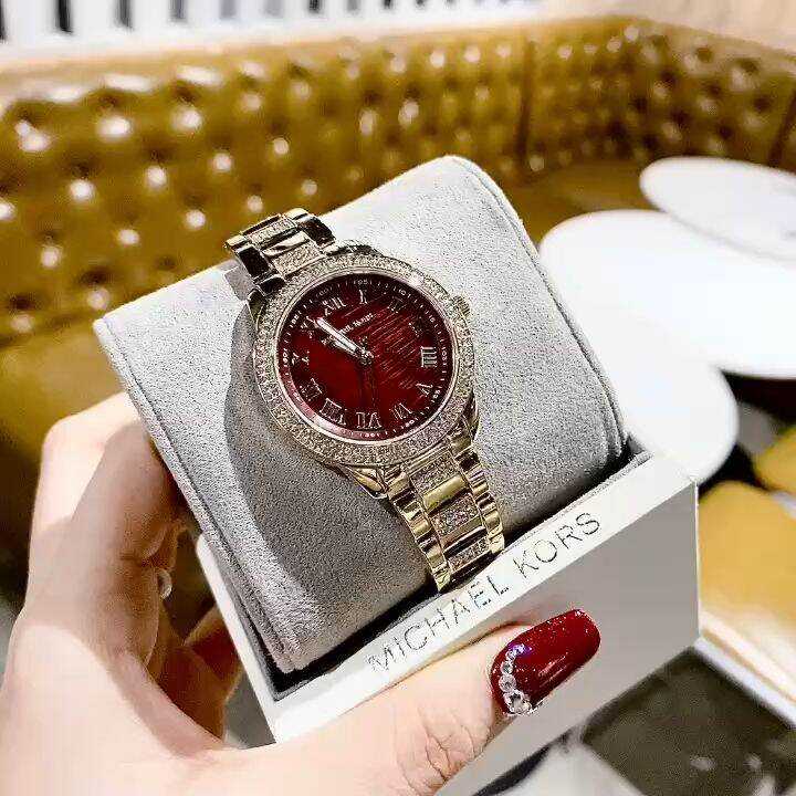 MK Tibby Multifunction Crystals Maroon Dial Rose Gold Steel Strap Watch for Women - MK4685