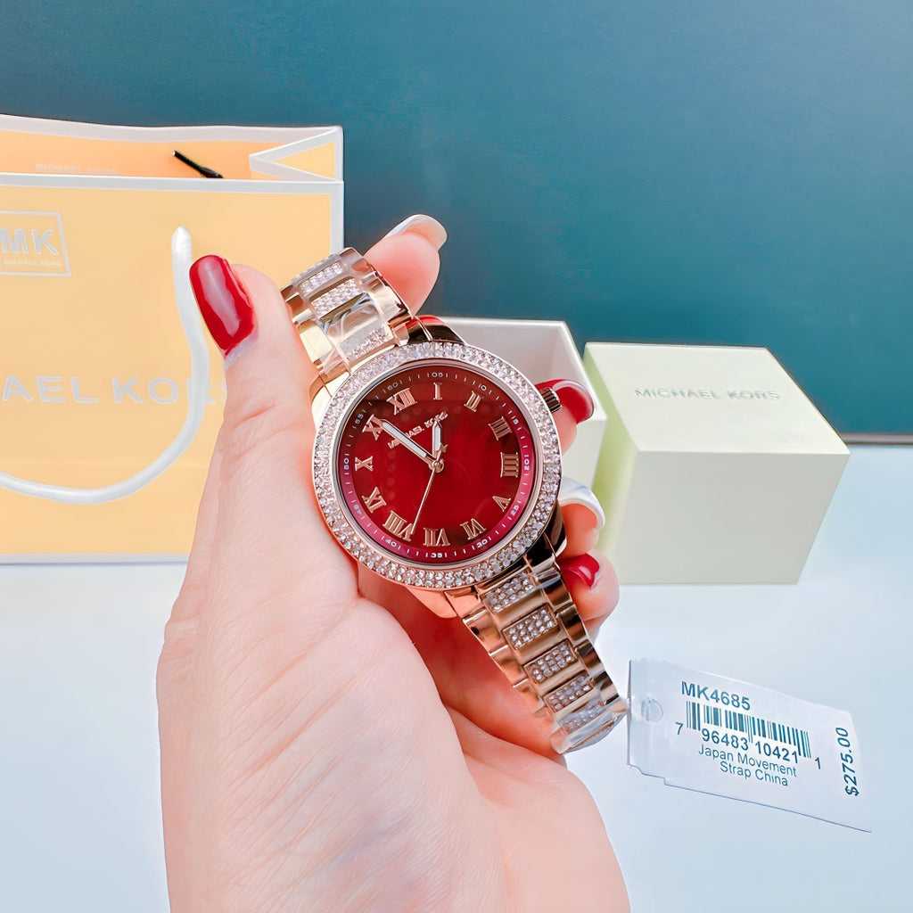 MK Tibby Multifunction Crystals Maroon Dial Rose Gold Steel Strap Watch for Women - MK4685