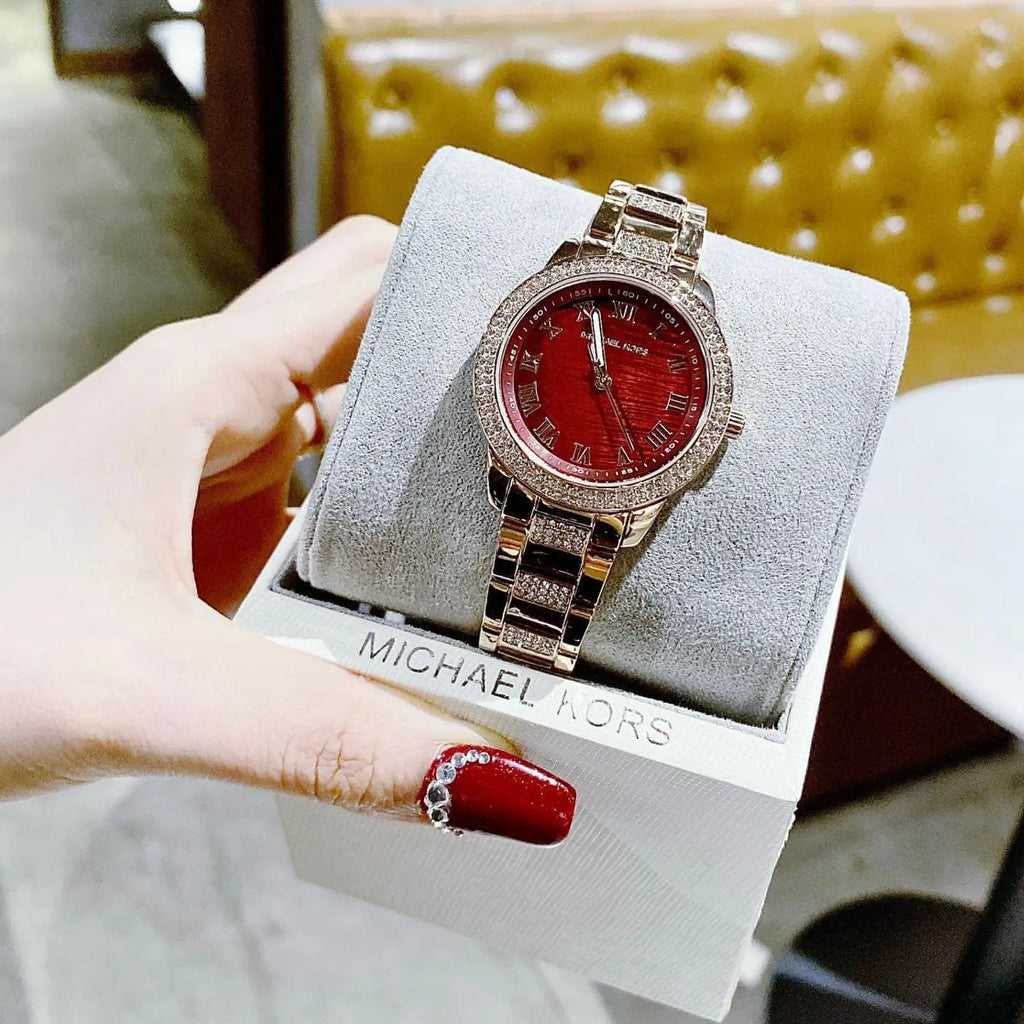 MK Tibby Multifunction Crystals Maroon Dial Rose Gold Steel Strap Watch for Women - MK4685