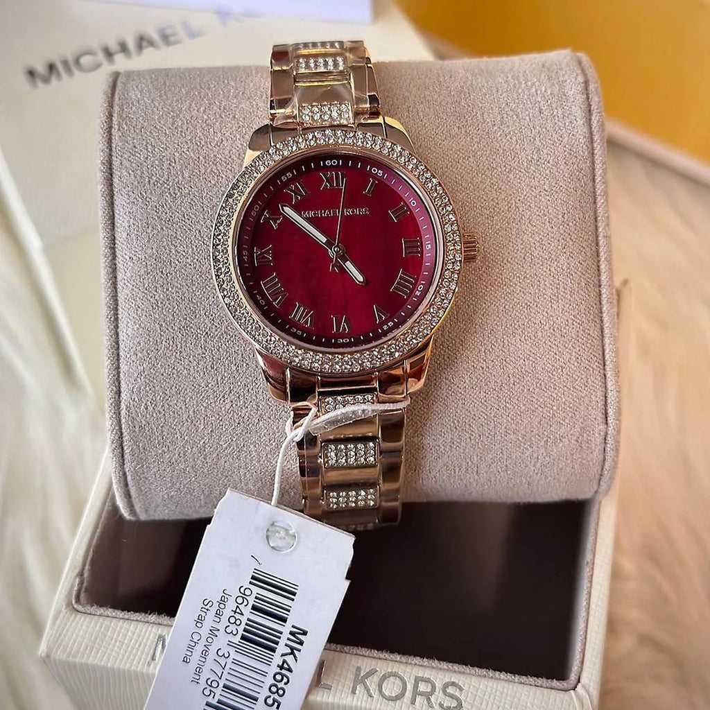 MK Tibby Multifunction Crystals Maroon Dial Rose Gold Steel Strap Watch for Women - MK4685