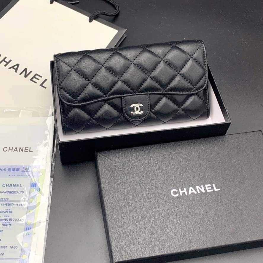 Ch@nel Black Lambskin Quilted CC Flap Continental Wallet