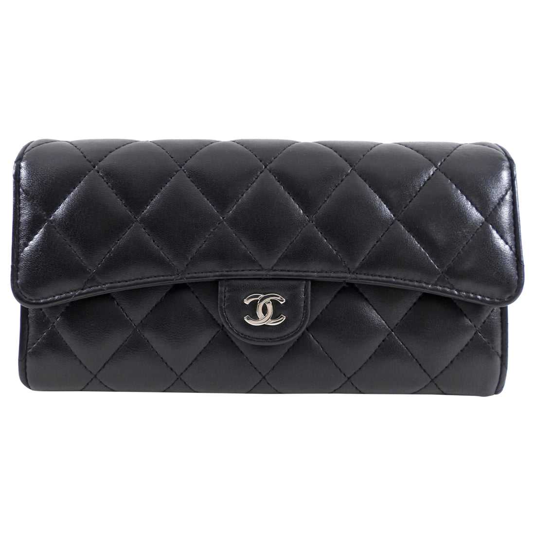 Ch@nel Black Lambskin Quilted CC Flap Continental Wallet