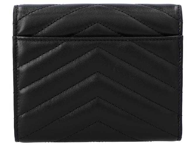 S@int L@urent Portefeuille compact pliant Cassandre Matelassé en agneau noir