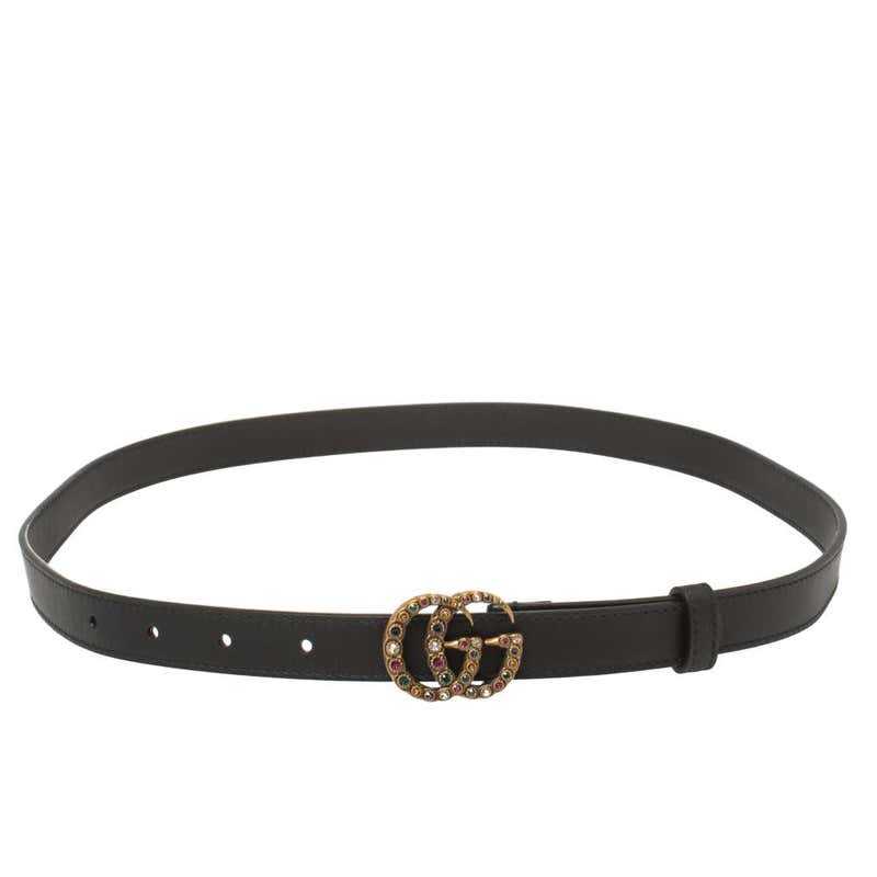 GG Ceinture mince en cuir noir GG Marmont Crystal 85CM