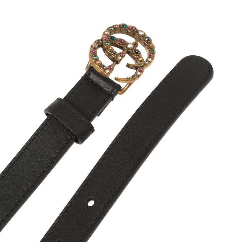 GG Ceinture mince en cuir noir GG Marmont Crystal 85CM