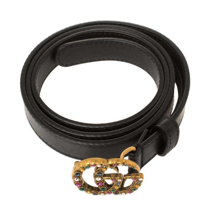 GG Ceinture mince en cuir noir GG Marmont Crystal 85CM