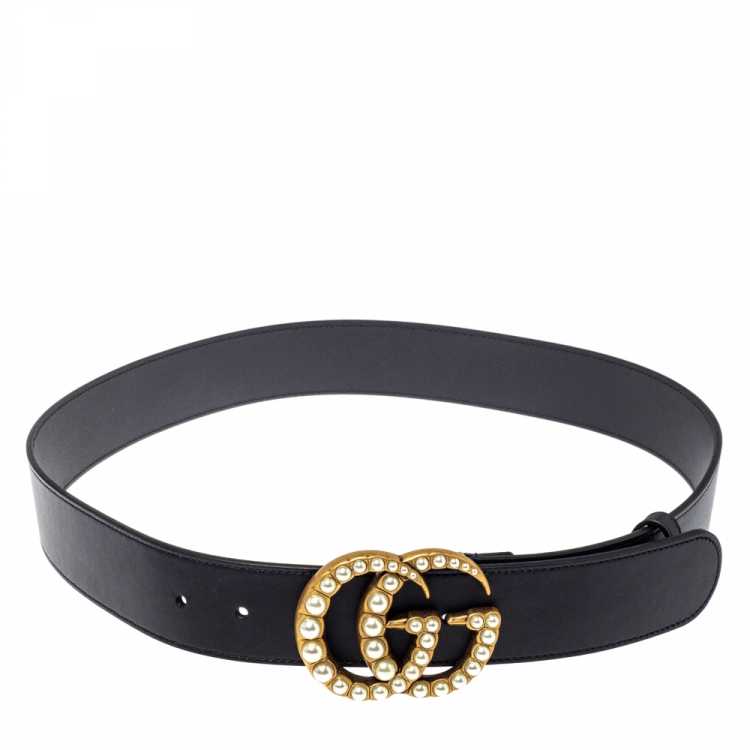 GG Black Leather GG en cuir Marmont Pearl Embellished Buckle Belt 90CM