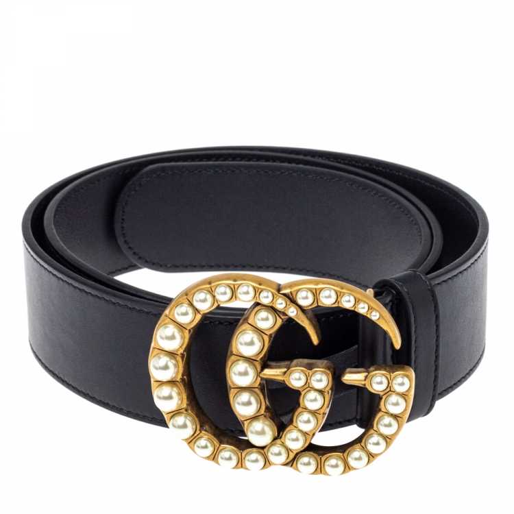 GG Black Leather GG en cuir Marmont Pearl Embellished Buckle Belt 90CM