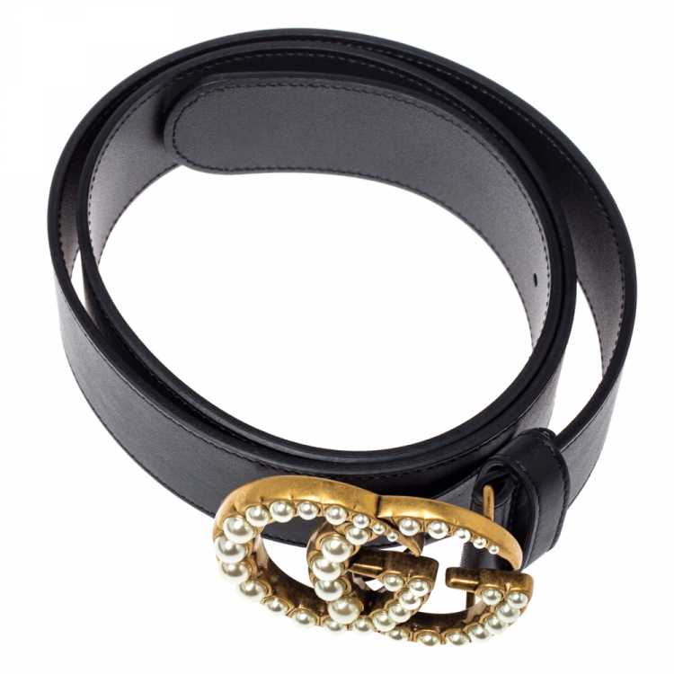 GG Black Leather GG en cuir Marmont Pearl Embellished Buckle Belt 90CM