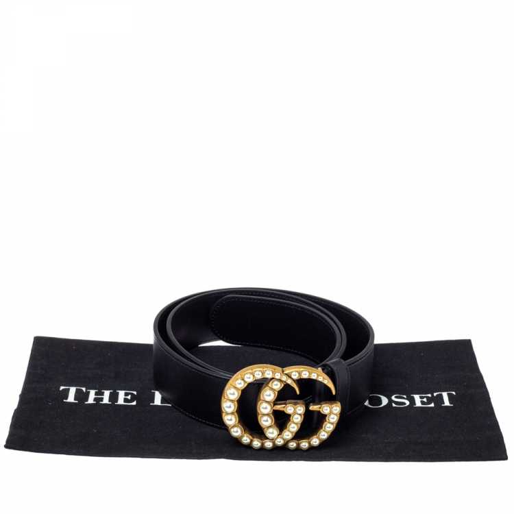 GG Black Leather GG en cuir Marmont Pearl Embellished Buckle Belt 90CM