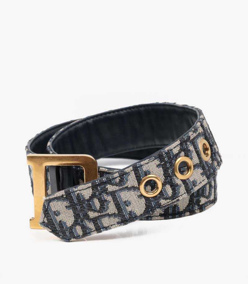 Christian Di*r Ceinture Diorquake 75 en toile et cuir de veau avec monogramme bleu