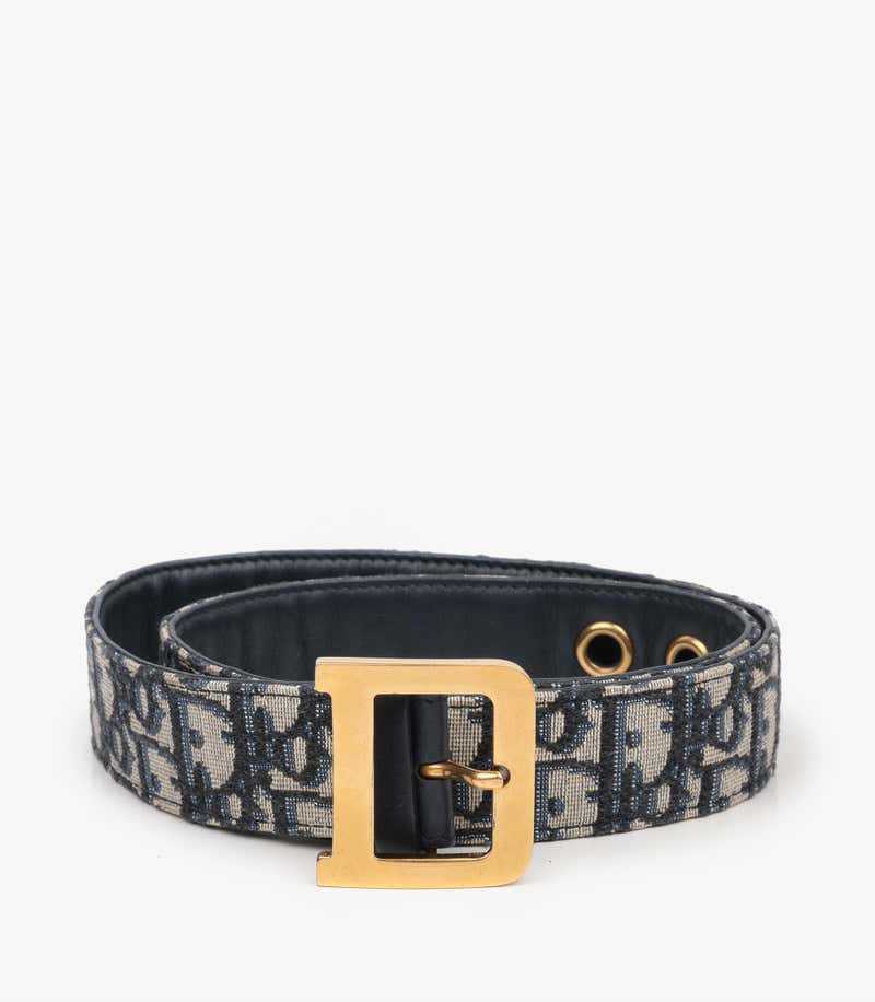 Christian Di*r Ceinture Diorquake 75 en toile et cuir de veau avec monogramme bleu