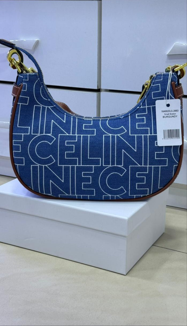 Celine Ava Bag In Denim With Celine All-Over Print Navy Tan