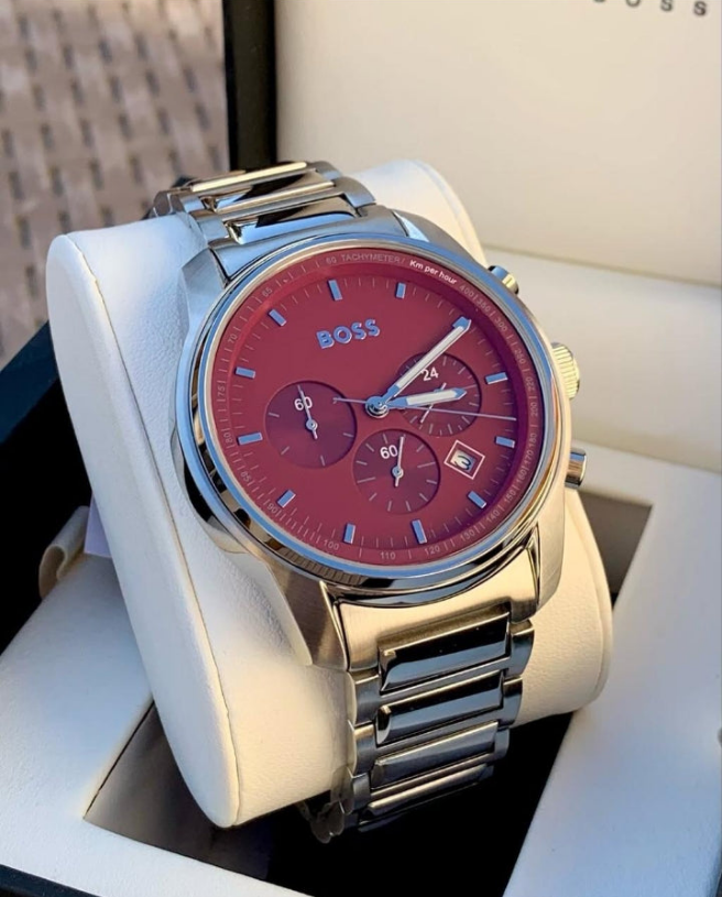 Bôss Montre chronographe à cadran bordeaux et bracelet à maillons