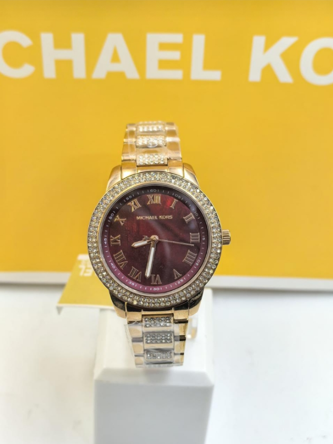 MK Tibby Multifunction Crystals Maroon Dial Rose Gold Steel Strap Watch for Women - MK4685
