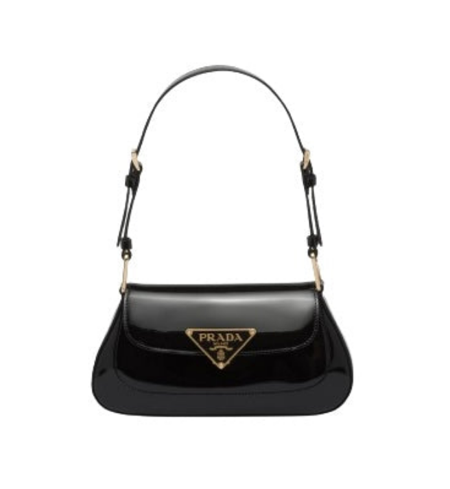 Sac Pr@da porté épaule en vrai cuir verni Noir