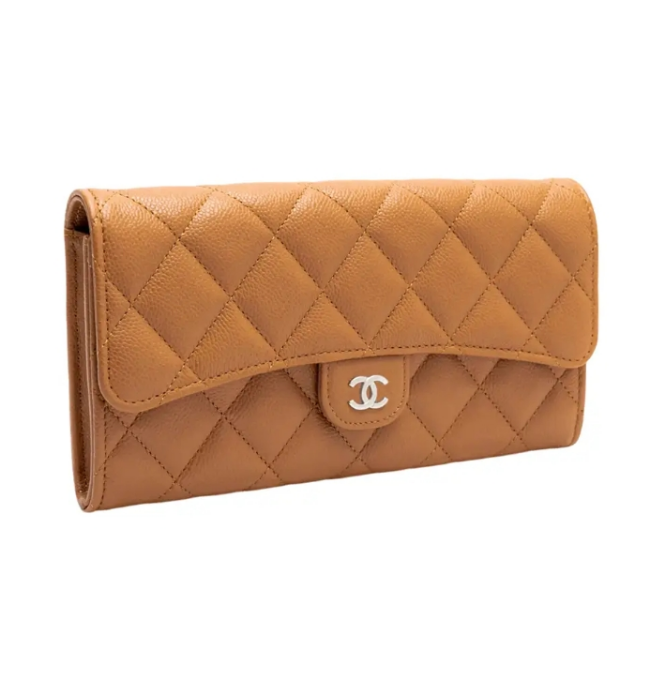 CH@NEL Classic long flap wallet Calfskin Beige