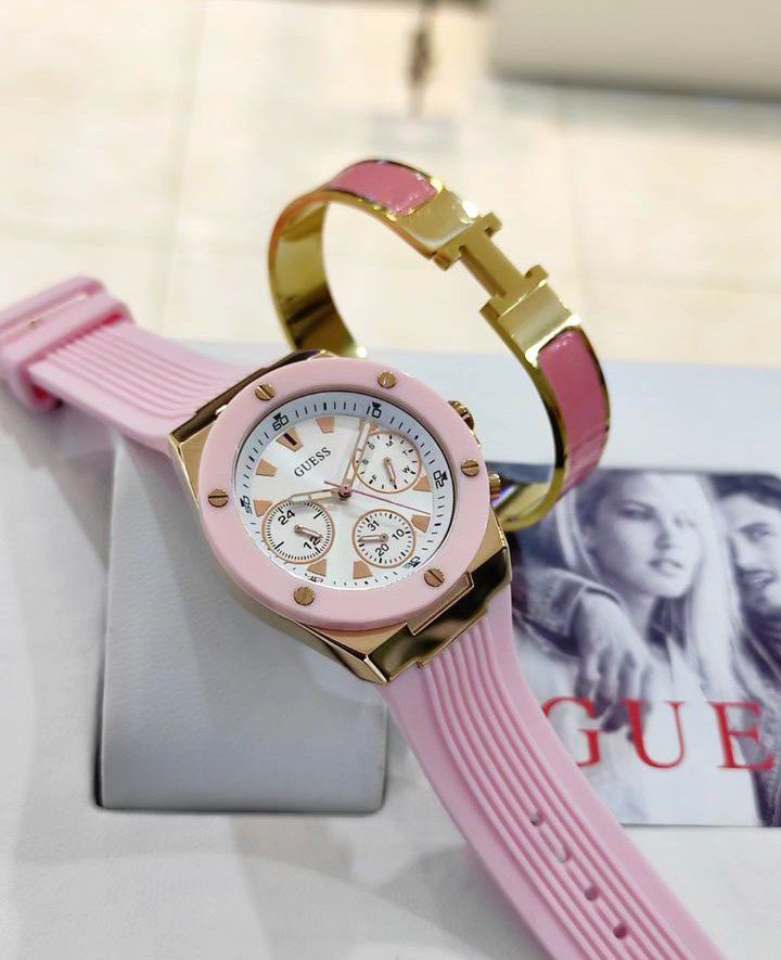Guess Athena Damenuhr mit weißem Zifferblatt und rosa