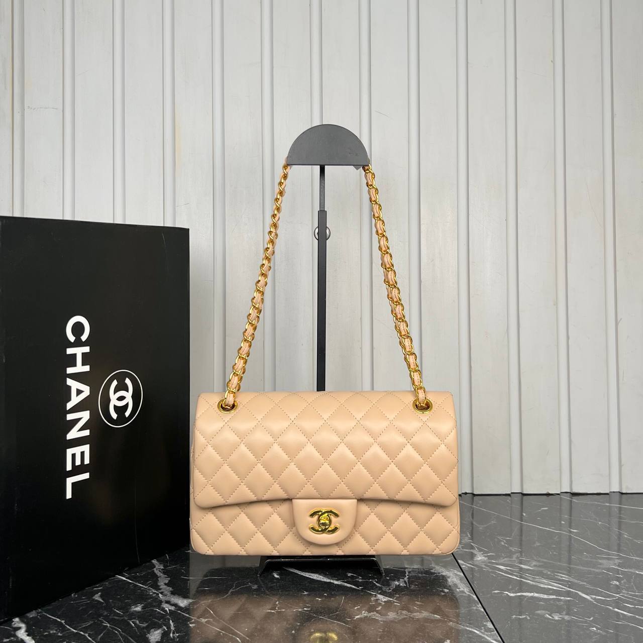 Ch@nel Beige Quilted Caviar Medium Classic Double Flap Bag