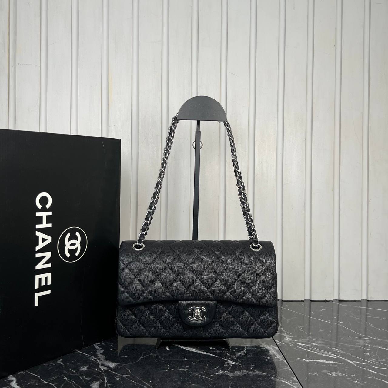 CH@NEL Sac double flap caviar noir