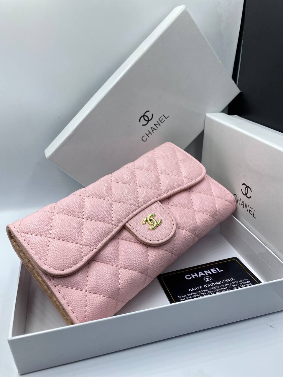 CH@NEL Portefeuille Long Matelasse Peau d'Agneau Rose