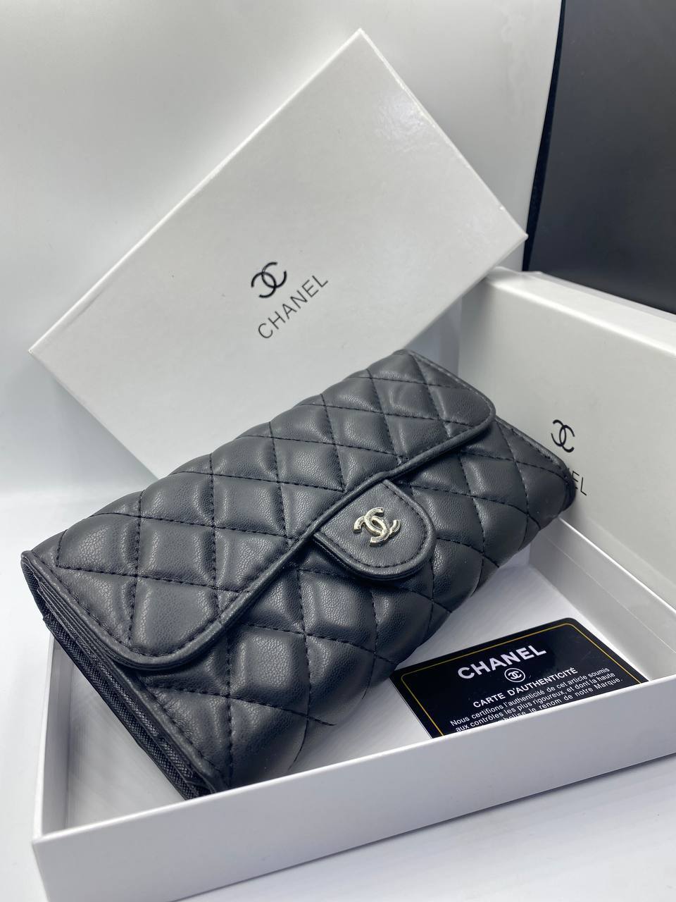 Ch@nel Black Lambskin Quilted CC Flap Continental Wallet