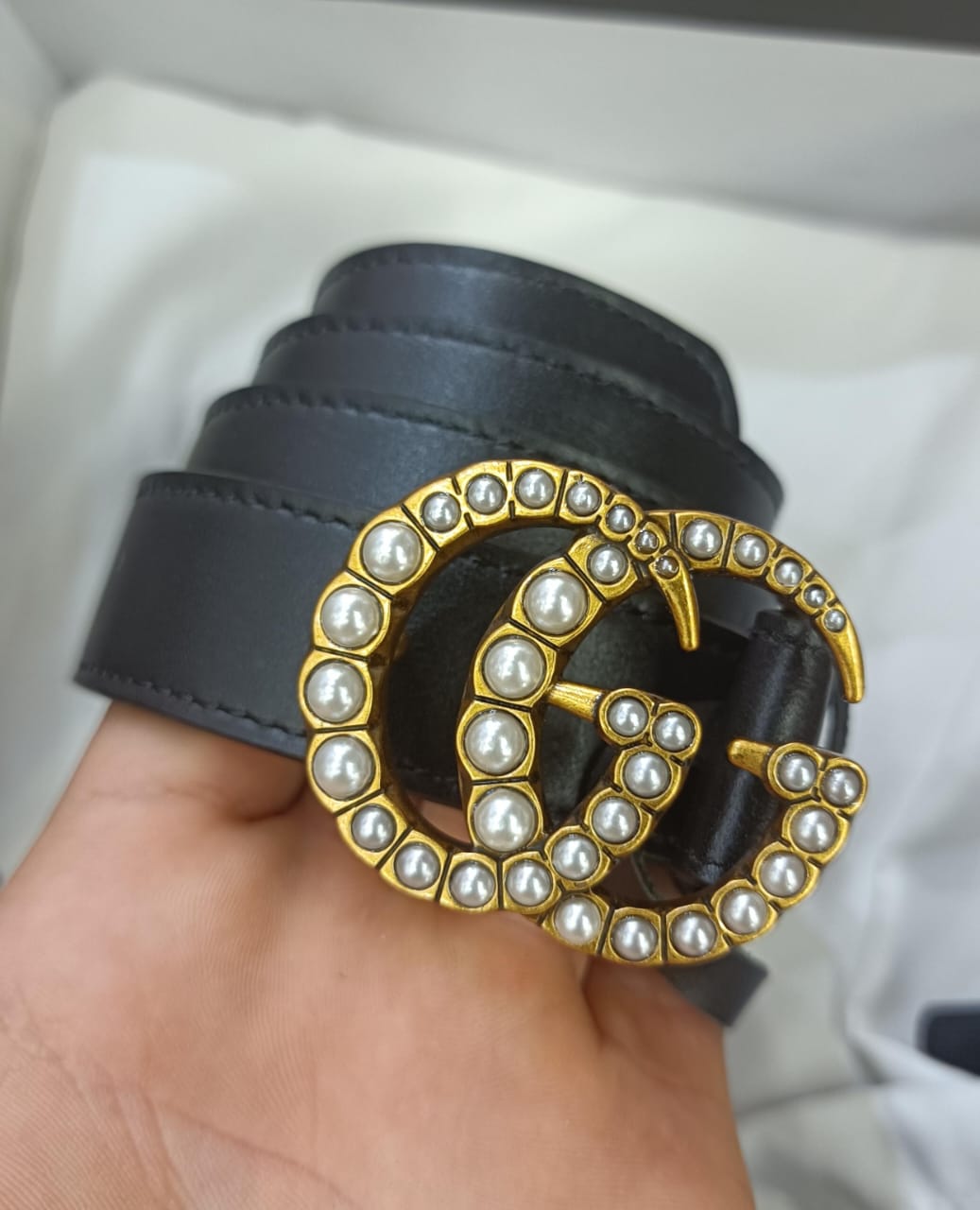 GG Black Leather GG en cuir Marmont Pearl Embellished Buckle Belt 90CM