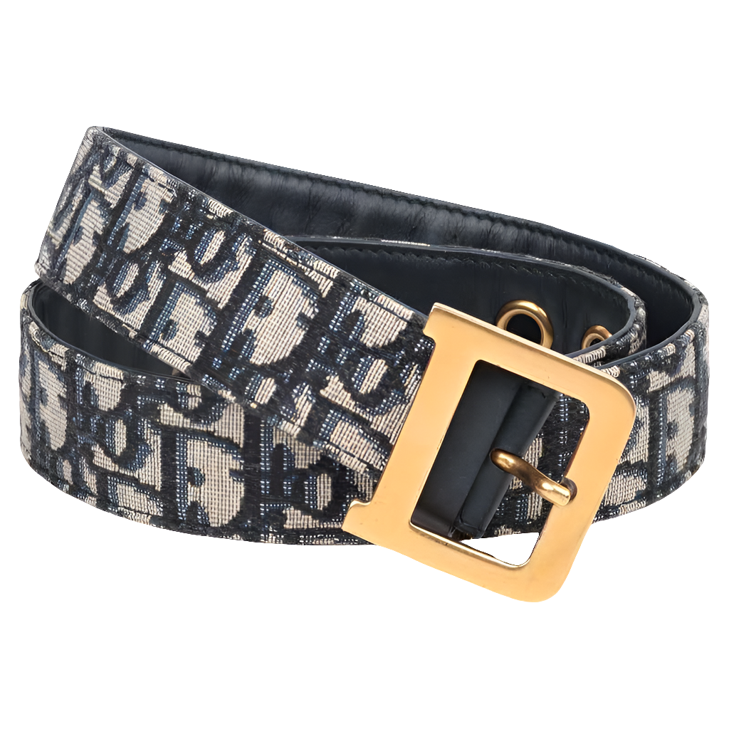 Christian Di*r Ceinture Diorquake 75 en toile et cuir de veau avec monogramme bleu
