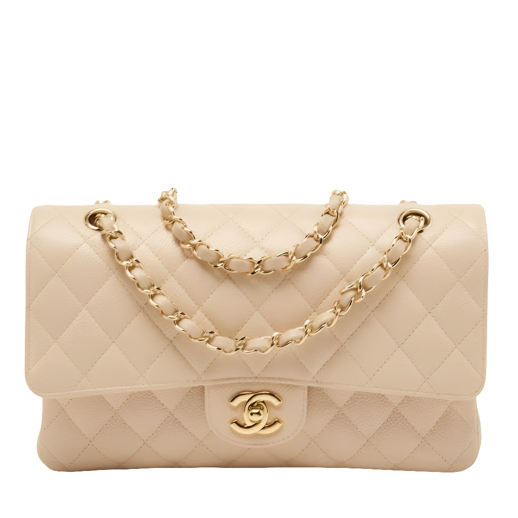 Ch@nel Beige Quilted Caviar Medium Classic Double Flap Bag