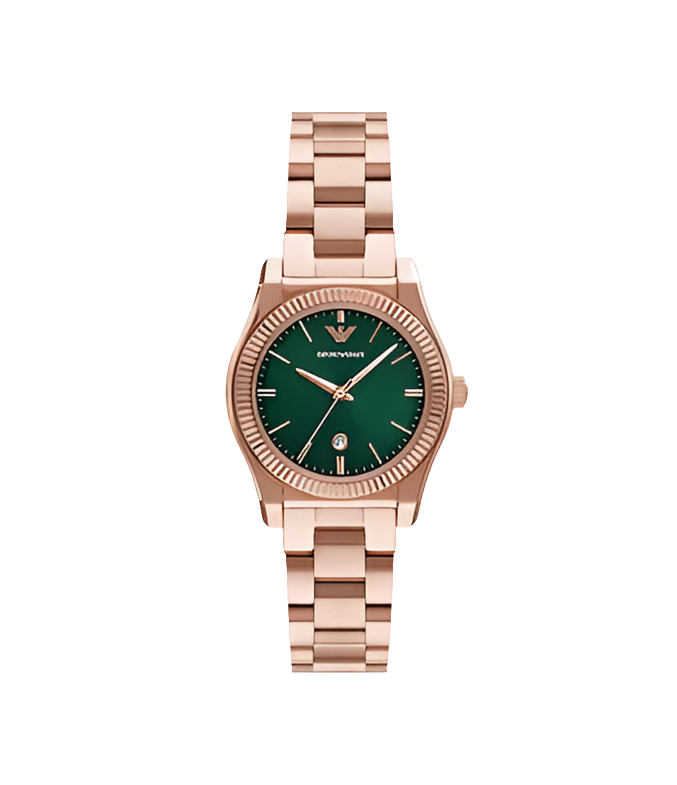 Montre Empôriô Armani à trois aiguilles avec date, en acier inoxydable, doré rose