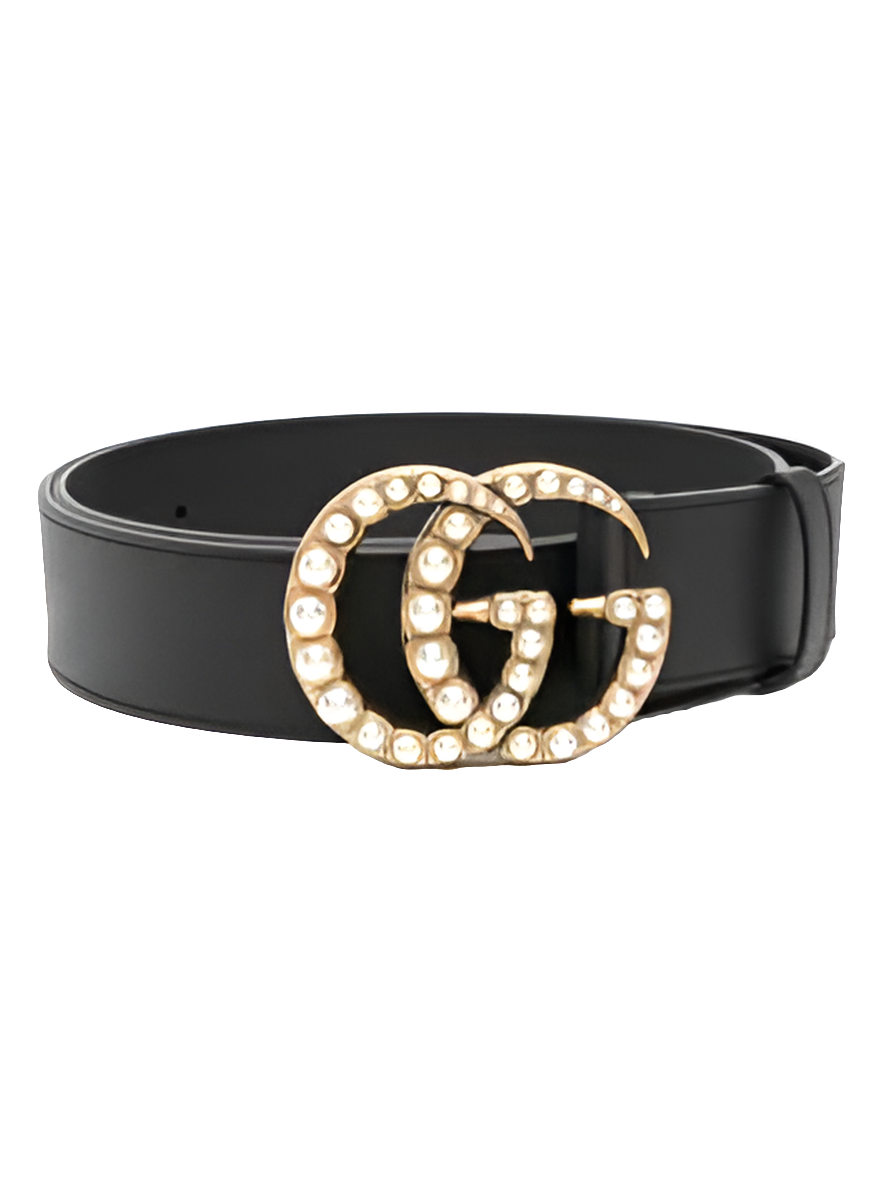GG Black Leather GG en cuir Marmont Pearl Embellished Buckle Belt 90CM