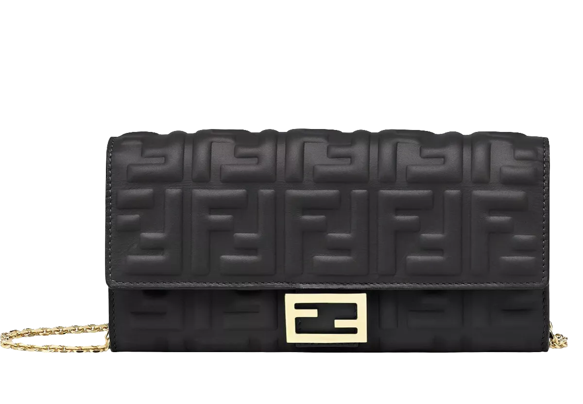 Fêndï Continental Baguette Noir Nappa Gaufré FF Portefeuille sur Chaîne
