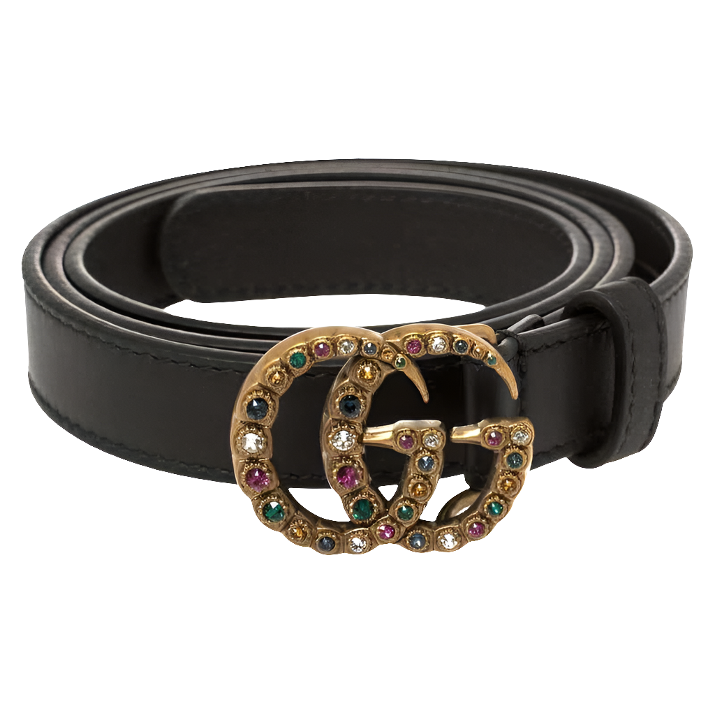 GG Ceinture mince en cuir noir GG Marmont Crystal 85CM