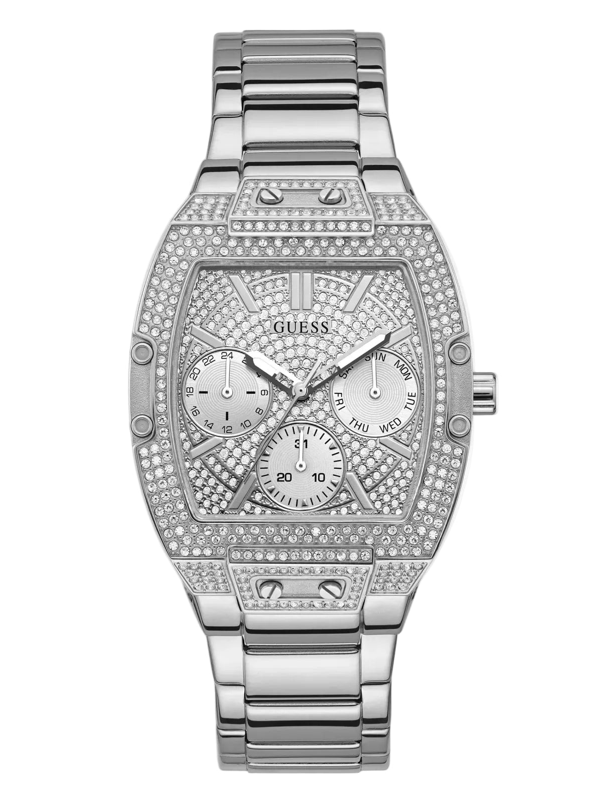 Guess Montre pour femme en stainless garnie de pierres, cadran rectangulaire
GW0104L1
