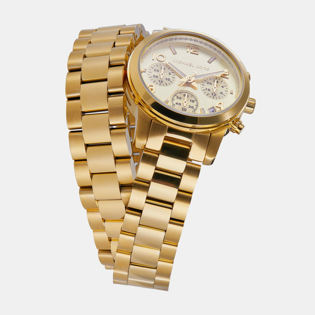Montre chronographe analogique Michael Kors Runway avec cadran doré et bracelet en acier doré pour femme - MK7452